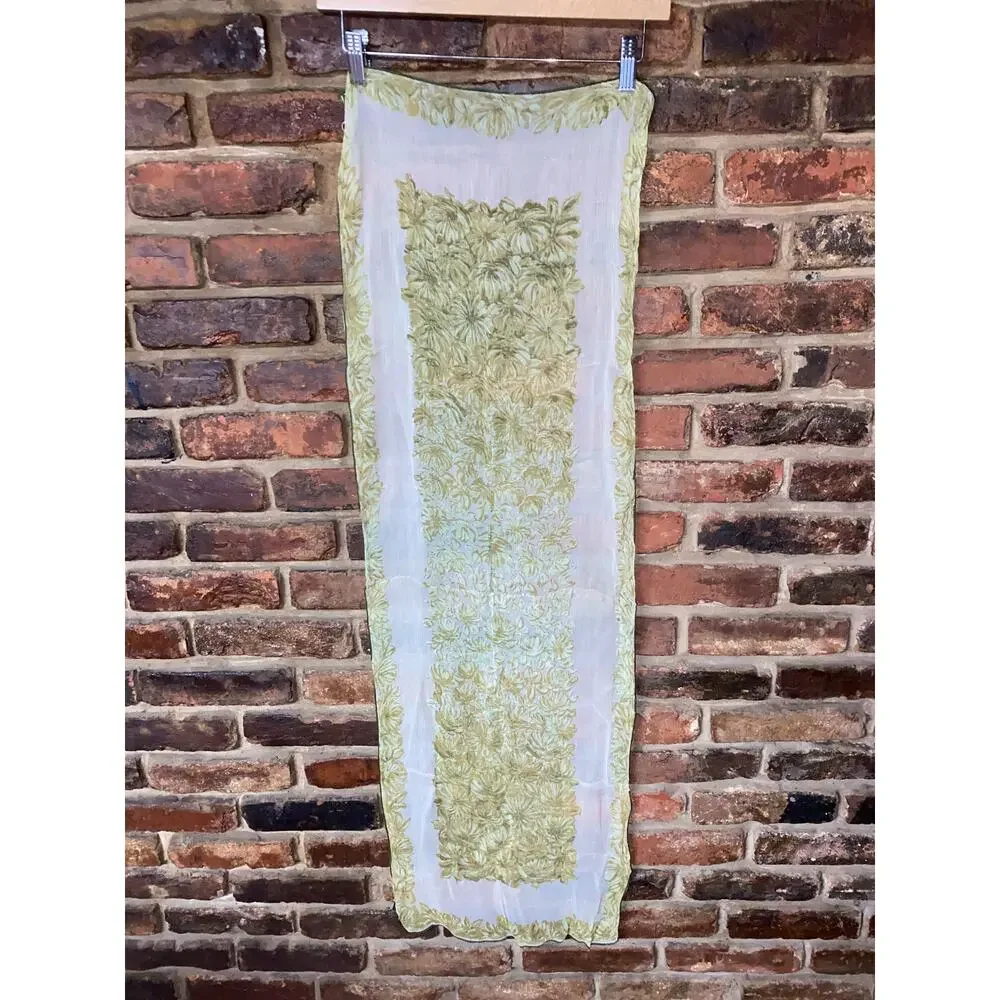 Cravenette Vintage 100% Silk Water Repellent White Green Floral Rectangle Scarf